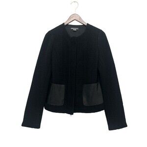Vince Black Leather Trim Basket Weave Jacket Coat Zip Front Pockets Black Size 8